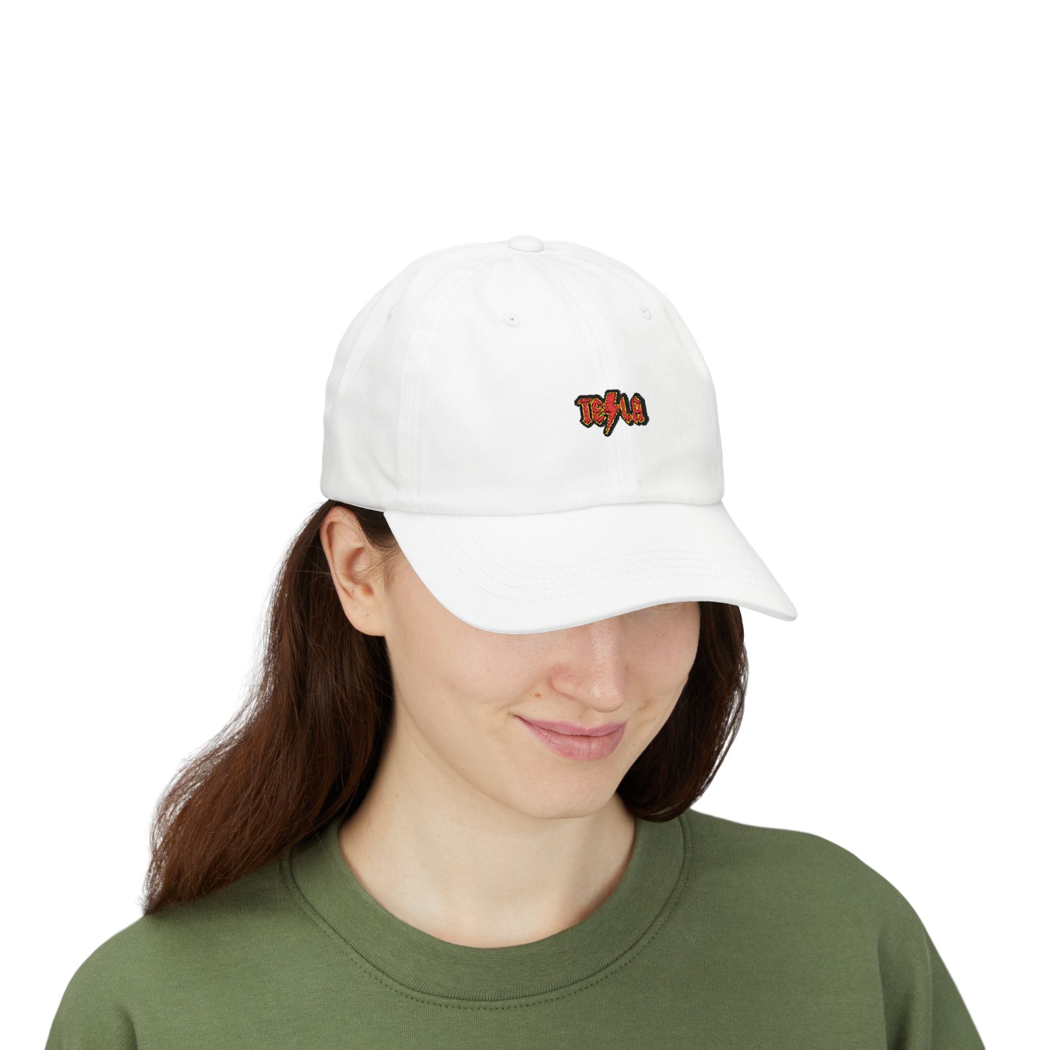 Tesla AC/DC Lightning Logo Dad Cap — Embroidered White Baseball Hat