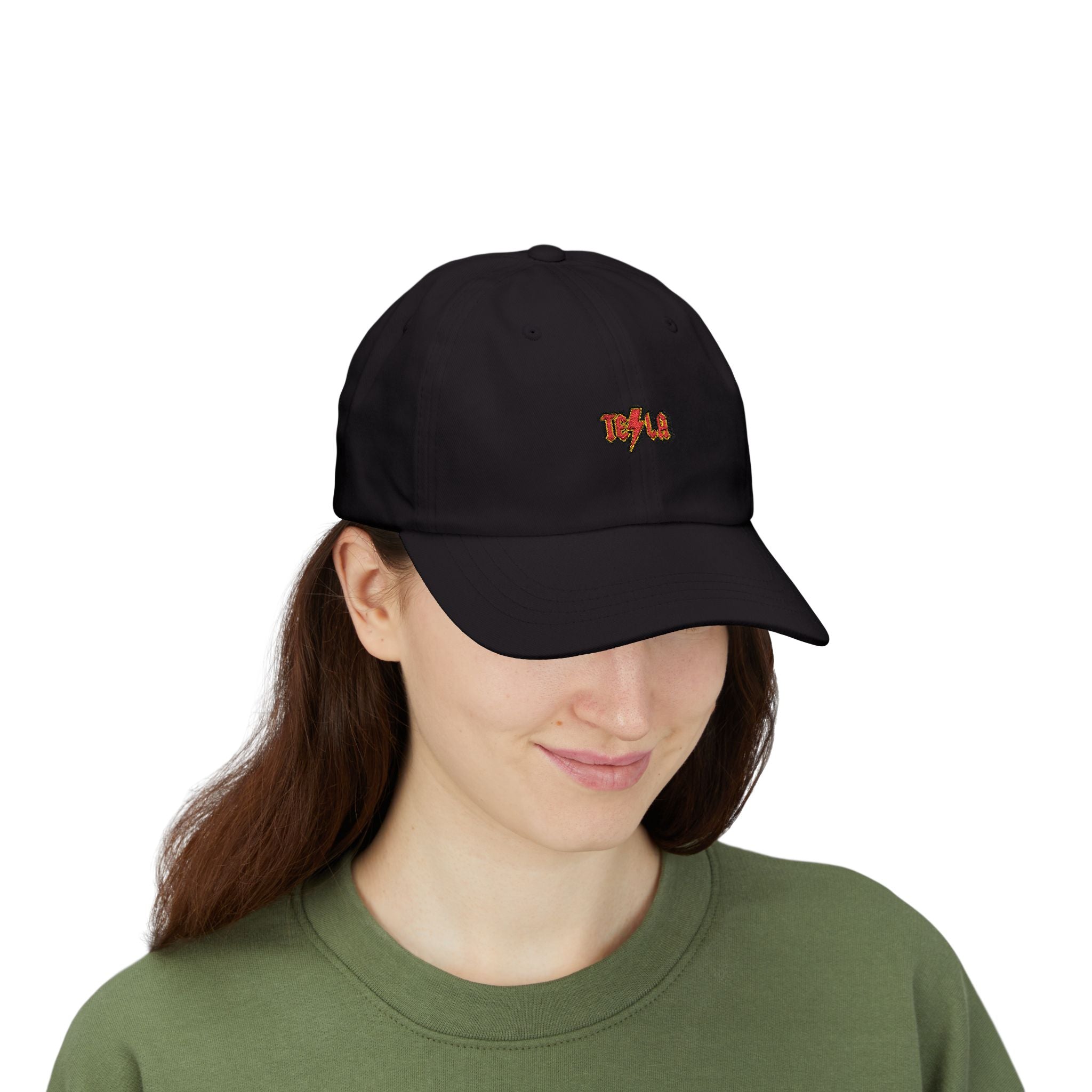 Tesla AC/DC Lightning Logo Dad Cap — Embroidered White Baseball Hat