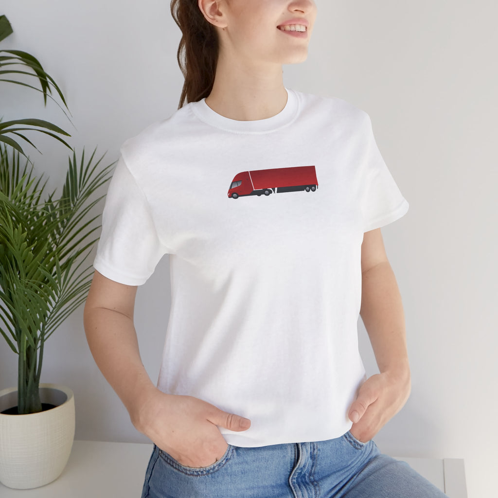 Tesla Semi Truck Graphic T-Shirt — Minimal Red Semi Truck Tee for Truckers & Transport Fans