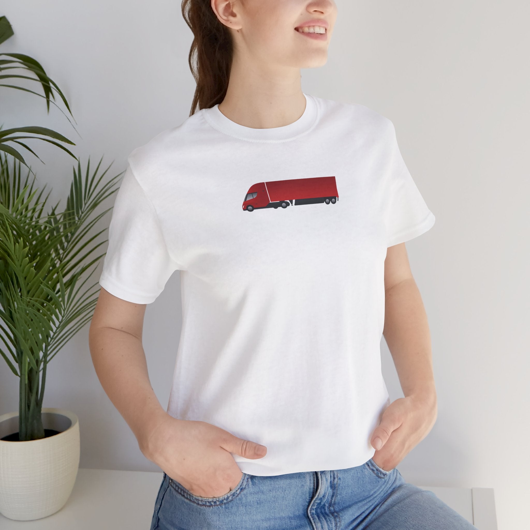 Tesla Semi Truck Graphic T-Shirt — Minimal Red Semi Truck Tee for Truckers & Transport Fans