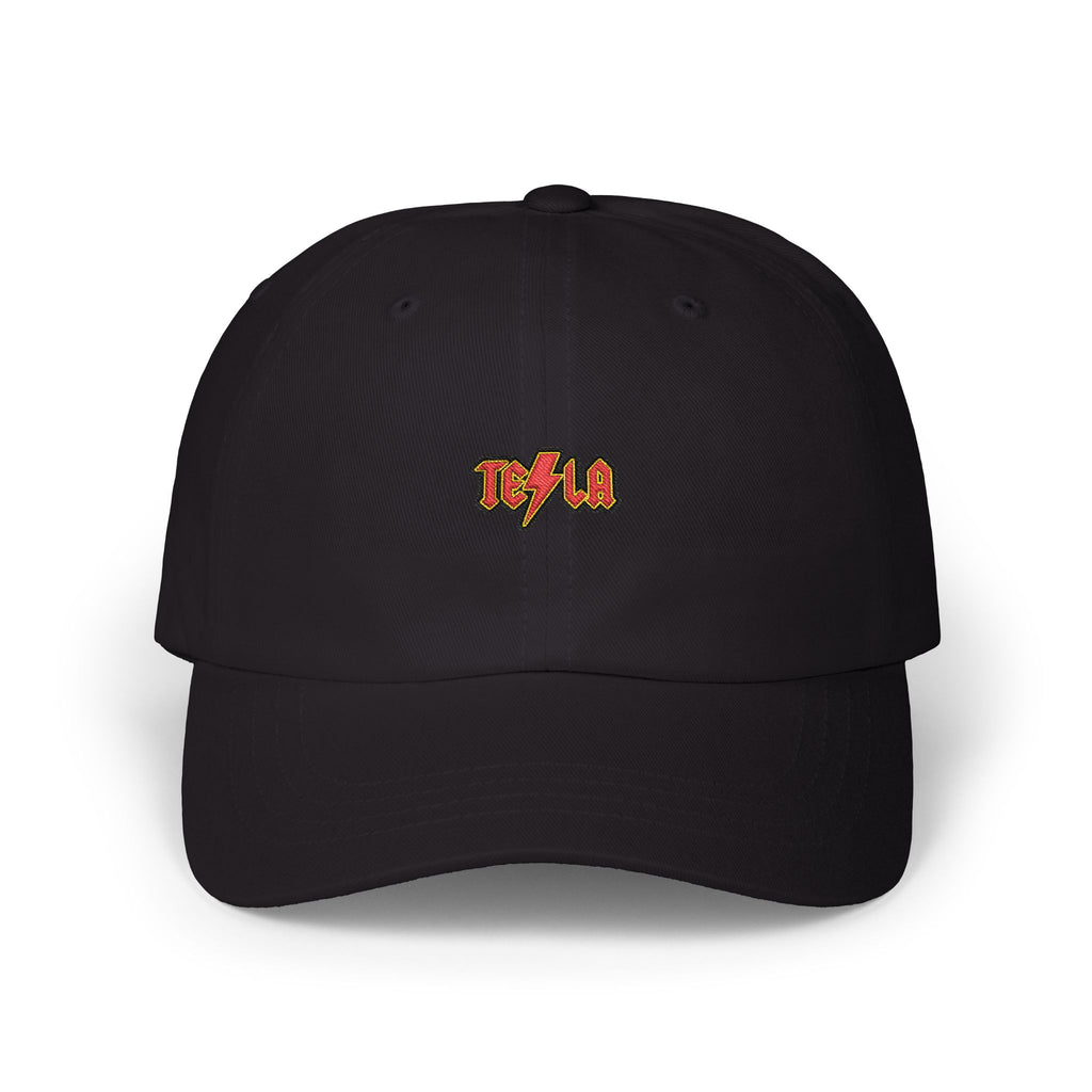 Tesla AC/DC Lightning Logo Dad Cap — Embroidered White Baseball Hat