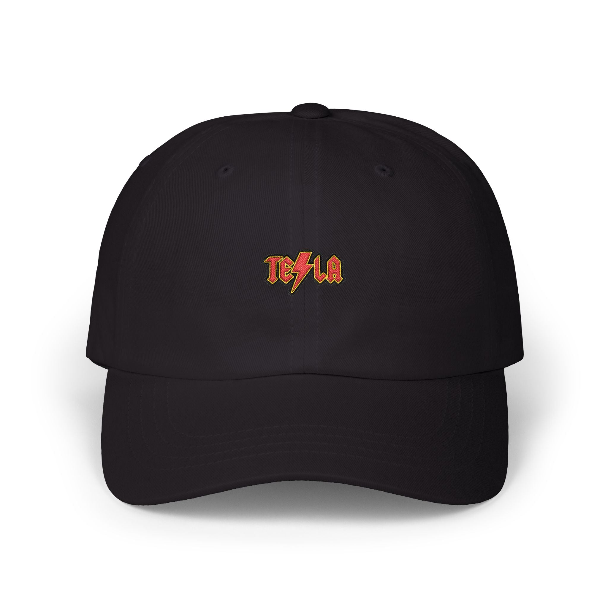 Tesla AC/DC Lightning Logo Dad Cap — Embroidered White Baseball Hat