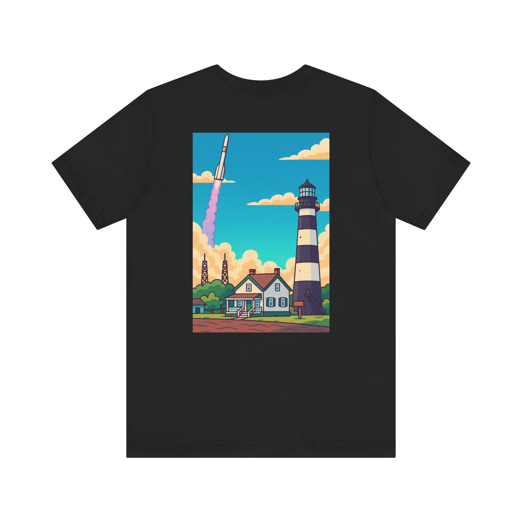 Lighthouse Rocket Tee — Vintage Coastal Space Graphic T-Shirt