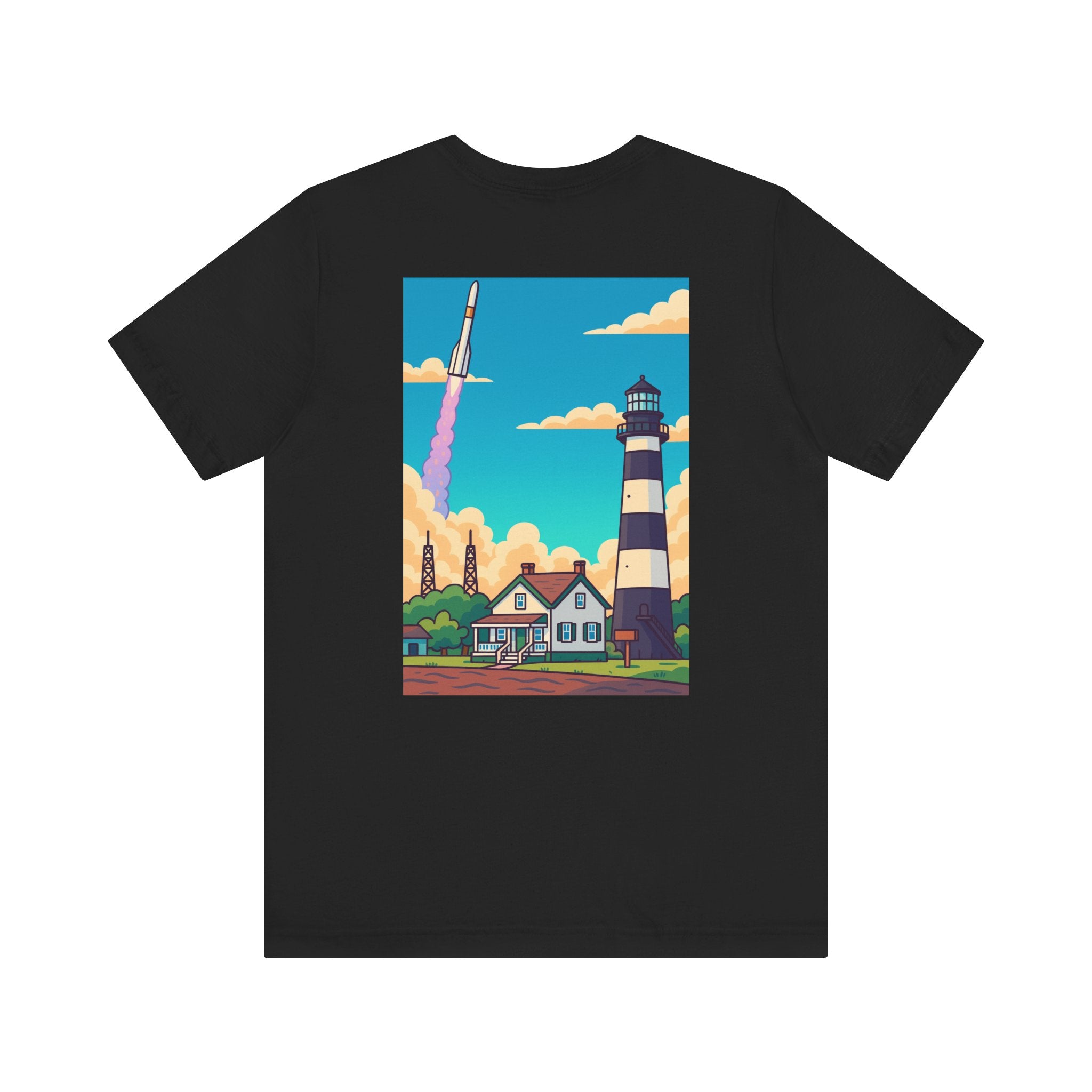 Lighthouse Rocket Tee — Vintage Coastal Space Graphic T-Shirt