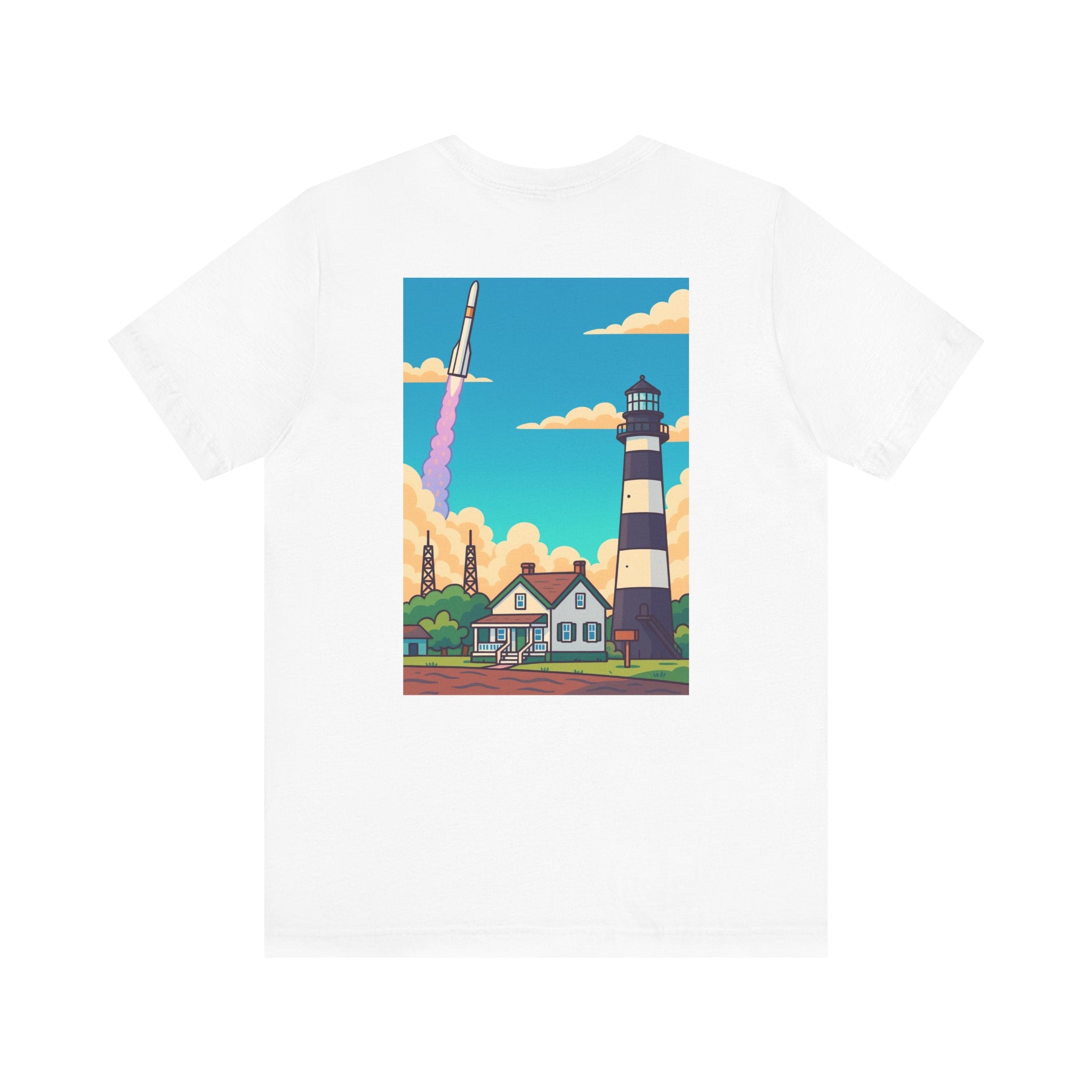 Lighthouse Rocket Tee — Vintage Coastal Space Graphic T-Shirt