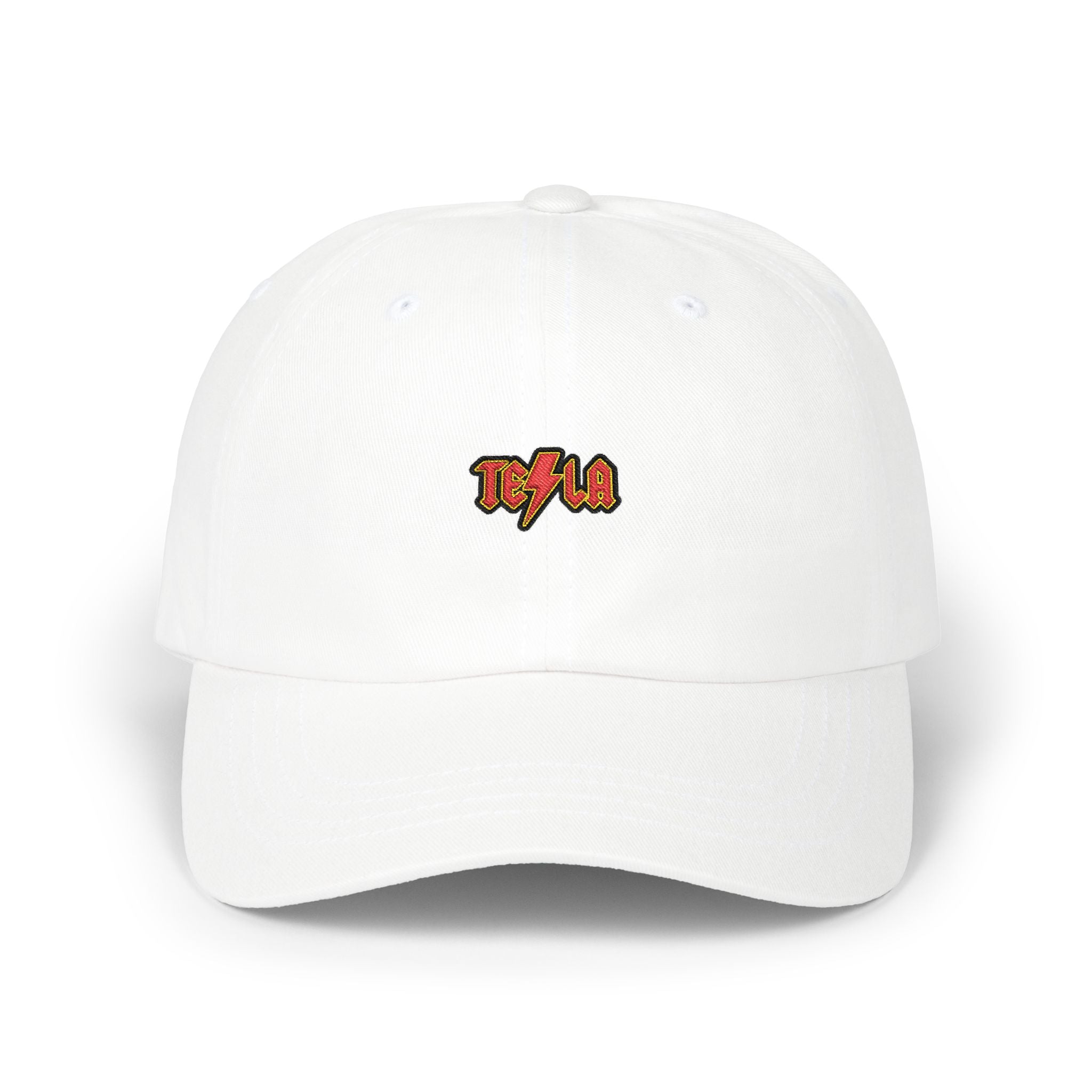 Tesla AC/DC Lightning Logo Dad Cap — Embroidered White Baseball Hat