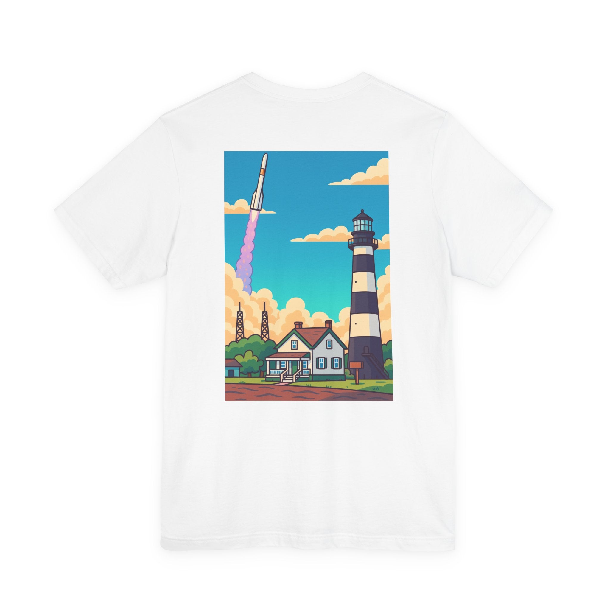 Lighthouse Rocket Tee — Vintage Coastal Space Graphic T-Shirt