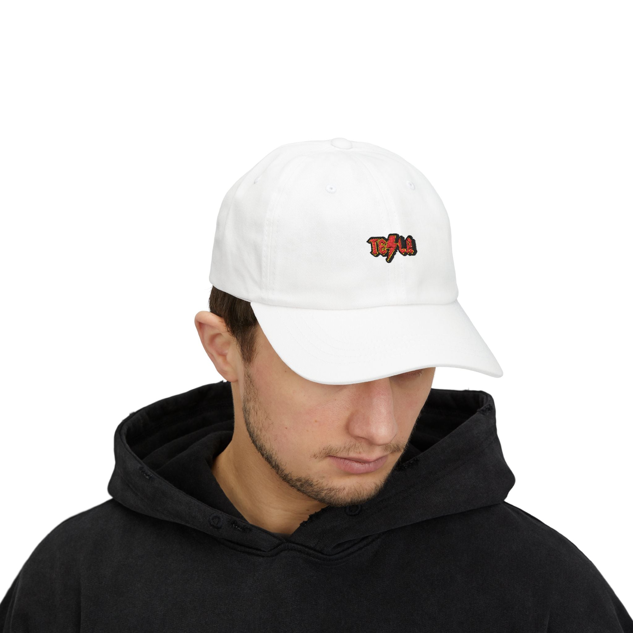 Tesla AC/DC Lightning Logo Dad Cap — Embroidered White Baseball Hat