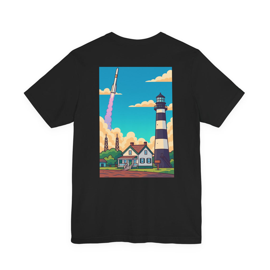 Lighthouse Rocket Tee — Vintage Coastal Space Graphic T-Shirt